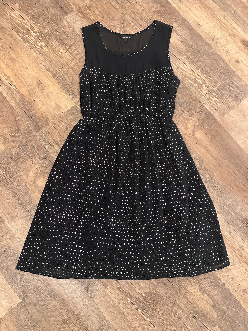 Black Sleeveless Maternity Iridescent Print Dress with Sheer Upper